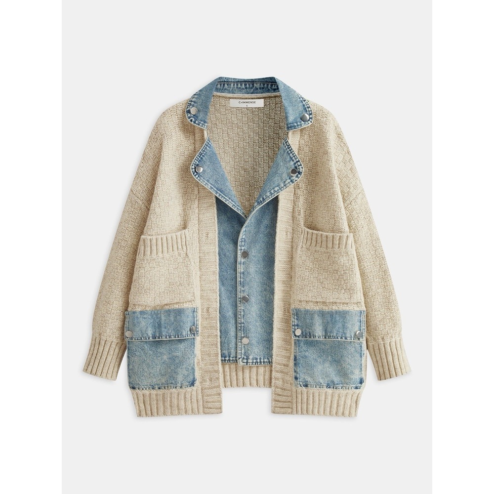 Commense Denim Panel Utility Pocket Knit Cardigan Size Small Oversized Women's